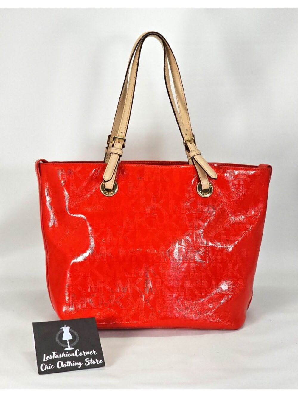 Michael Kors Women's Red Leather Jet Set Mirror Metallic Patent Tote Large 1794 - Picture 4 of 16